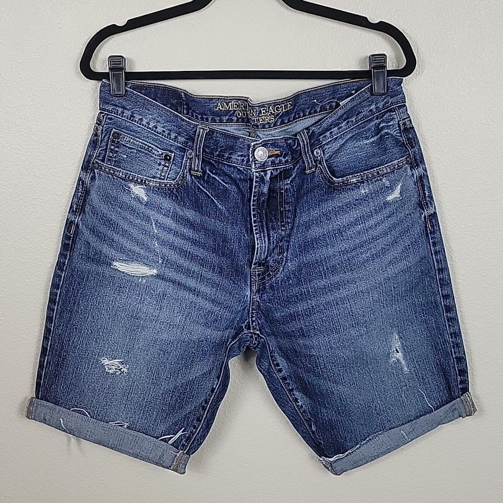 AEO Destructed Roll Hem Denim Shorts, Size 33